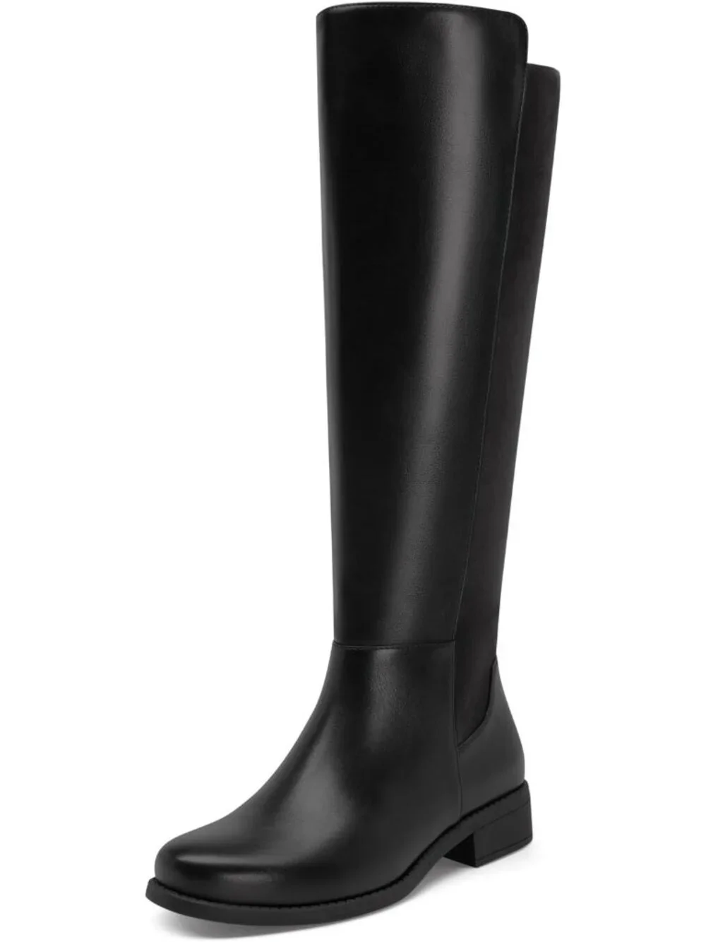 Women Black Pu Suede Chunky Block Low Heel Round Toe Side Zipper Knee High Boots